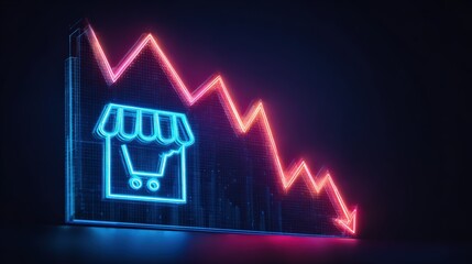 Naklejka premium A visual representation of economic decline, illustrated with a neon light graphic of a store and a falling graph. ..Created with Generative AI, not depicting real subjects.