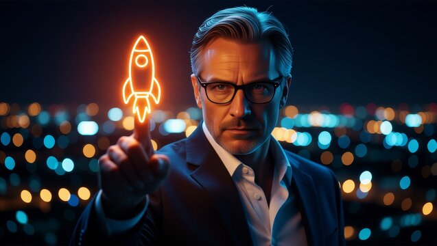 Man pointing glowing rocket in city night