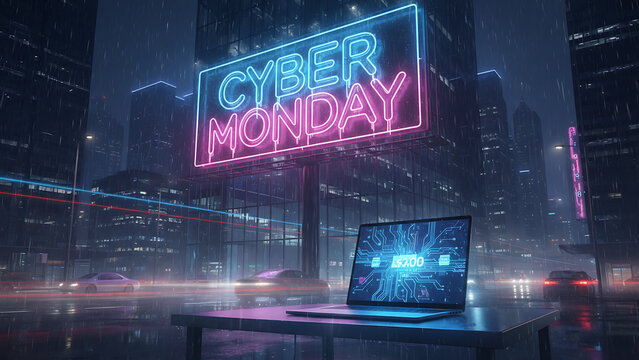 Cyber Monday neon sign on a billboard in a rainy futuristic city. E-commerce sale and online shopping promotion concept, futuristic urban e-commerce theme