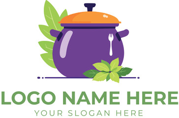 Cooking pot logo vector with orange lid, fork and spoon motif, and green herbs for culinary or organic food branding
