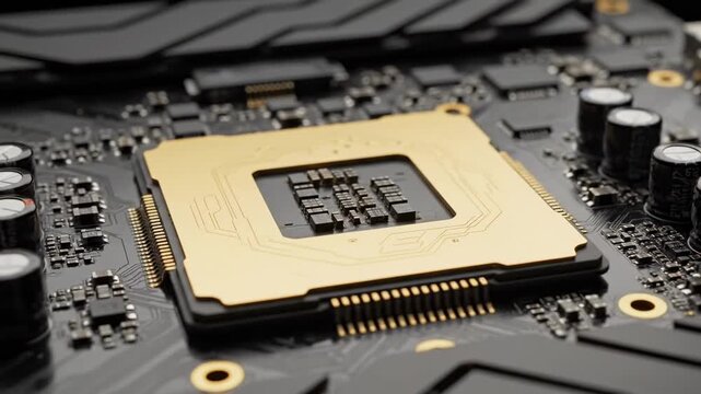 Close-up of a CPU socket on a motherboard, showcasing the intricate design and technology involved in computer hardware.