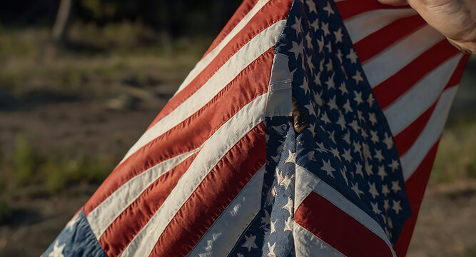 Triumph of Freedom: A person gracefully unfurls the American flag, the stars and stripes proudly displayed against the backdrop of a new day, evoking patriotism and honoring national heritage.