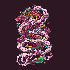 Fototapeta premium illustration of pink asian dragon with lotus flower ornament. lotus petals falling around dragon and cloud. this artwork have pink, green and yellow color, this art can print on t-shirt and sticker