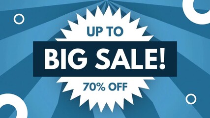 Blue Sunburst Rotating Rays Big Sale Up To 70 Percent Off Promotion Animation with Jagged Sticker Badge - Powered by Adobe