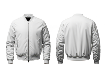 White bomber jacket mockup, front and back view isolated on transparent background