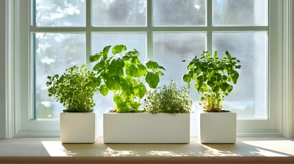 Naklejka premium Fresh green herbs in white pots on a sunlit kitchen windowsill.
