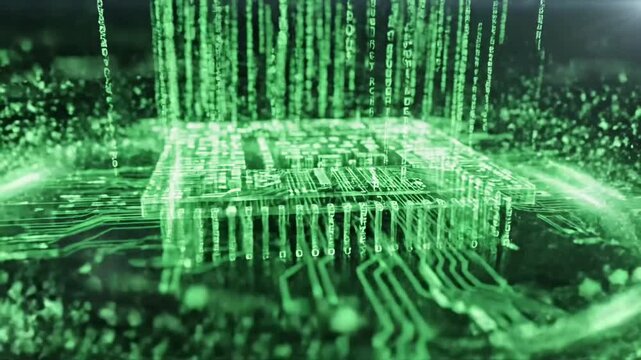 Futuristic technology concept: A glowing green circuit board with data streams. - Powered by Adobe