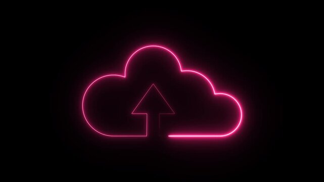 Glowing neon sign illustration of the cloud computing upload symbol on a black background, icon 4k animation video with alpha channel, transparent background
