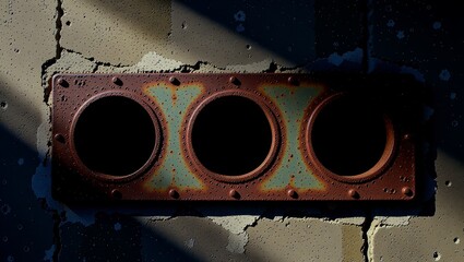 Rusty metal plate with three circular holes on weathered wall