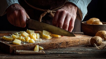 Preparing rustic potato dish with chef's knife on weathered wood cutting board for delicious home cooking and culinary creations, promoting healthy eating