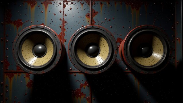 Vintage speakers on rusted metal panel - Powered by Adobe