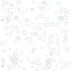 Abstract subtle pastel geometric shapes pattern background with scattered confetti elements.