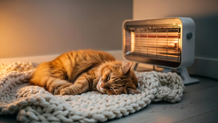 Sleeping ginger cat by heater on knitted blanket, symbol of winter coziness
