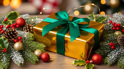 Golden Gift with Green Bow Surrounded by Festive Decorations and Pine Branches