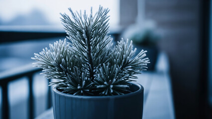 Close-up of potted pine on balcony – symbol of winter serenity and resilience