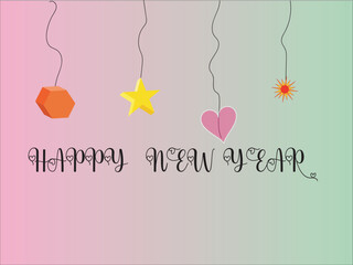 Happy New Year Text Greeting Card Illustration with Colorful Hanging Ornaments and Pastel Gradient Background