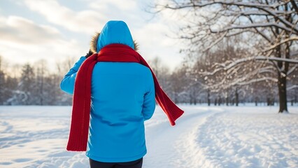 Walking in Winter Snow a Person in Blue Jacket and Scarf