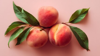 Obraz premium Fresh Peaches with Green Leaves on a Pink Background.