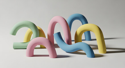 A playful composition of multicolored abstract curved shapes.