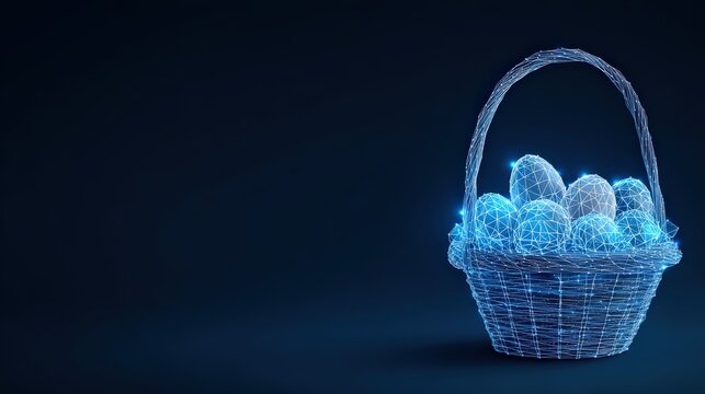 A digital easter basket overflowing with glowing eggs, set against a dark, minimalist background. ..Created with Generative AI, not depicting real subjects.