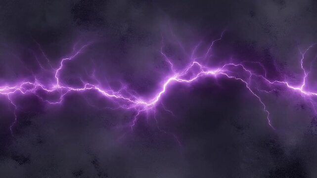 A dramatic horizontal bolt of vibrant purple lightning crackles with immense electrical energy, illuminating a dark and turbulent stormy sky with a magical glow