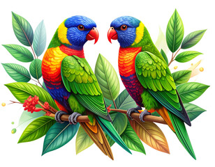  Minimal Artistic Lorikeet Pair With Botanical Line Art Elements