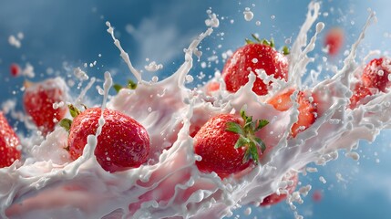 Fresh Strawberries Splashing in Milk with Dynamic Motion.