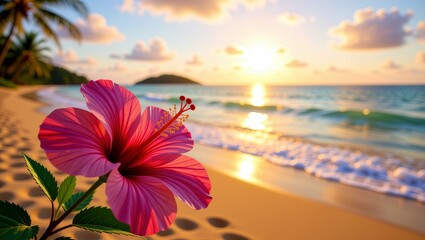 Pink hibiscus flower on tropical beach at sunset