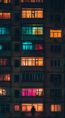 Man in silhouette stands before tall building at night with glowing multicolored windows in urban residential environment