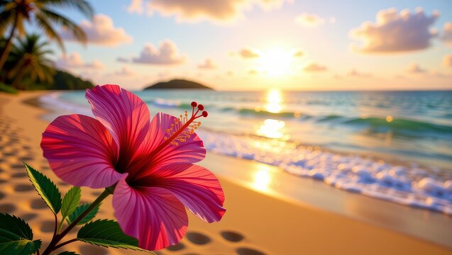 Pink hibiscus flower on tropical beach at sunset