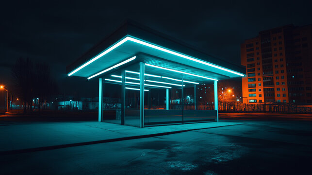 Futuristic empty bus stop at night with neon blue lights and urban buildings in the background.