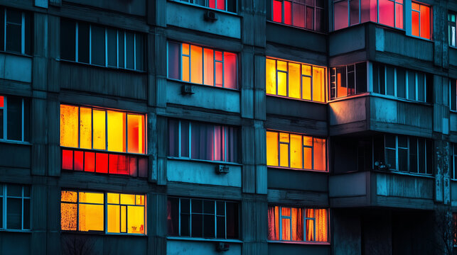 Urban apartment building with glowing red, orange, and yellow window lights creating a dramatic contrast at night.