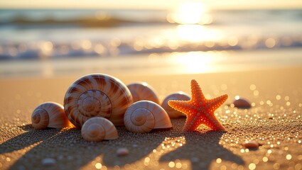 Seashells and starfish on sandy beach at sunset