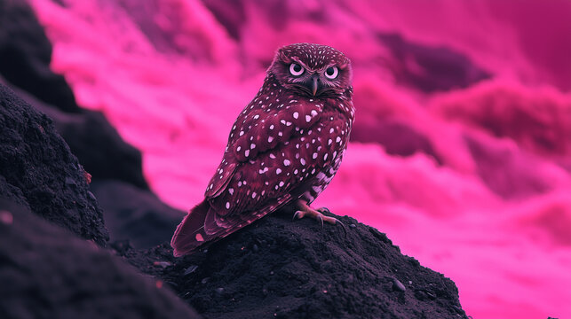 Spotted owl perched on dark rocks with surreal neon pink sky background, creating a fantasy wildlife scene.