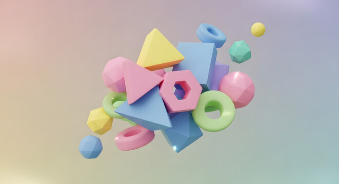 A vibrant collection of floating 3D geometric shapes.