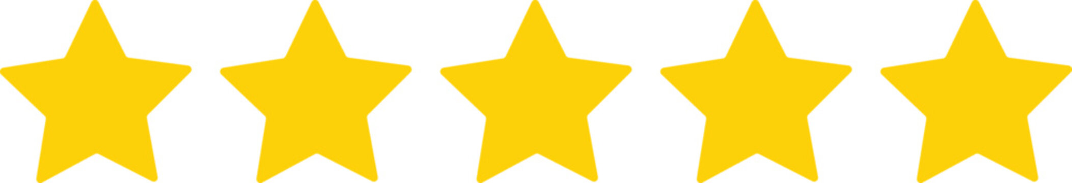 Yellow five-star rating badge with smooth round corners. Clean 5-star rank icon for reviews, quality scores, feedback labels, and UI/UX design elements. Perfect for web and app interfaces.