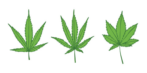 Set of hand drawn cannabis leaf Medicine marijuana Hemp leaves clipart in doodle style Single element for print, web, design, decor