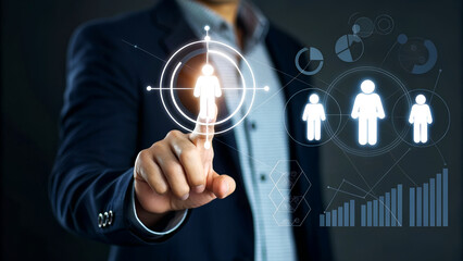 Confident professional targets ideal customer with futuristic data analysis and growth charts for strategic business planning