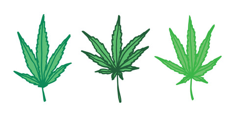 Set of hand drawn cannabis leaf Medicine marijuana Hemp leaves clipart in doodle style Single element for print, web, design, decor
