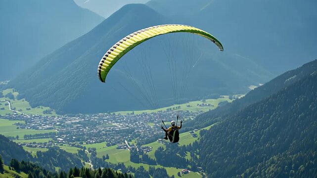 Paraglider soaring gracefully above lush valleys and majestic mountains, showcasing breathtaking aerial views, with camera following the flight path in a smooth arc