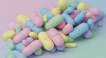 A vibrant pile of multicolored pastel pills and capsules.