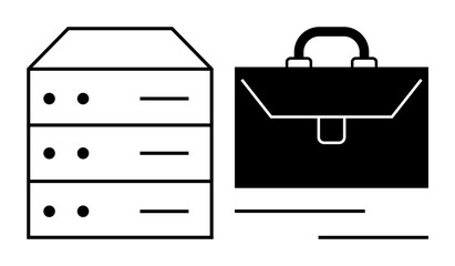 Data server stack next to a business briefcase suggests connections between technology and professional operations. Ideal for business, technology, finance, enterprise solutions, security