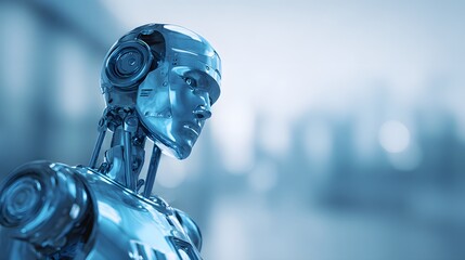 Futuristic AI Robot Head and Torso in a Bright, Modern Setting.