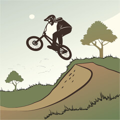 Fototapeta premium BMX Rider in Action: Capturing the energy of a BMX rider in mid-air, silhouetted against a serene sky with a touch of a natural background.