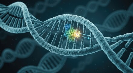Double helix DNA strand with a colorful molecular structure and glowing particle