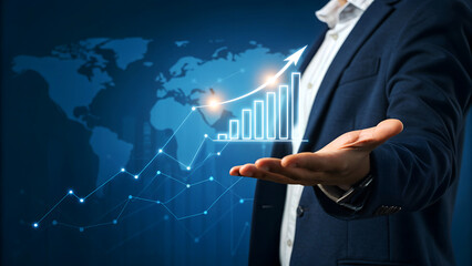 Businessman showcasing global financial growth with dynamic digital analytics and upward trending bar chart against world map backdrop