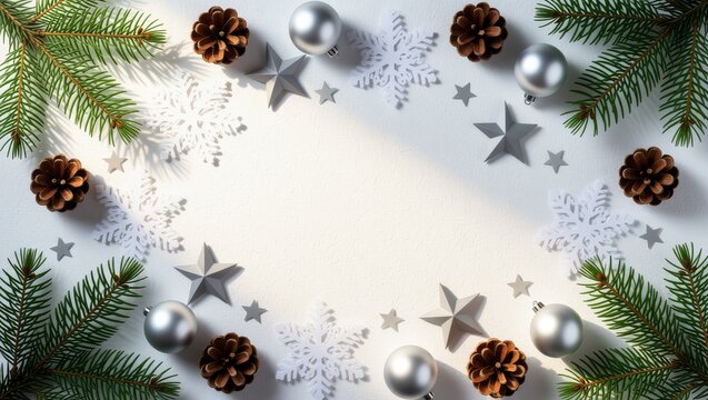 Christmas decorations with pine branches snowflakes ornaments