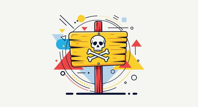 A vibrant illustration of a wooden danger sign featuring a skull and crossbones emblem, set against a modern abstract background with colorful geometric shapes.