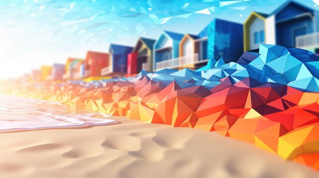 Colorful Beach Huts and Geometric Landscape on Sandy Shoreline.