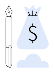 Fountain pen next to a money bag with a dollar sign and cloud element. Ideal for financial planning, creative work, savings, investments, business success, innovation, and digital solutions